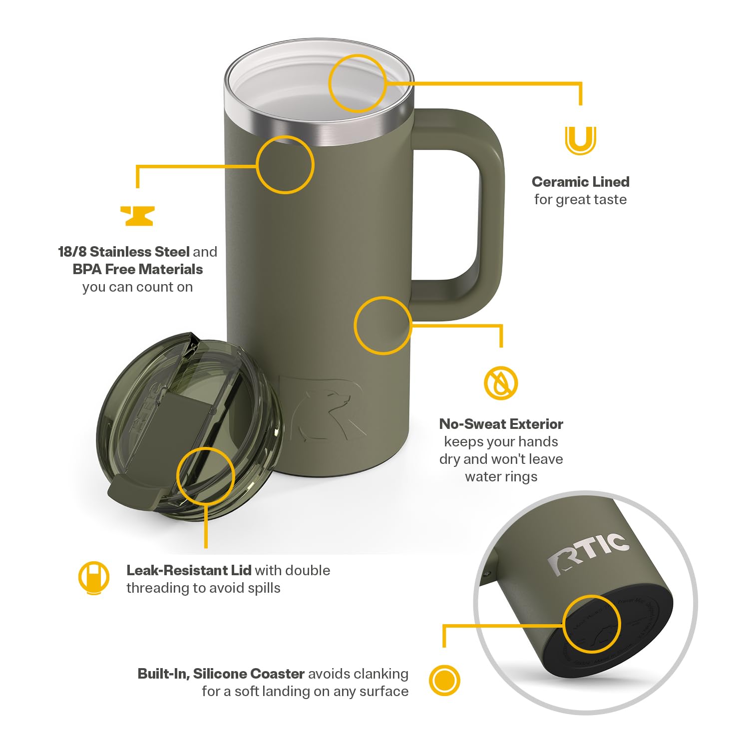 RTIC 20oz Road Trip Travel Mug with Lid and Handle, Ceramic Lined, Insulated, Stainless Steel, Metal, Double Wall Vacuum-Insulation, Portable Coffee, Tea Cup for Hot and Cold Drink, Black