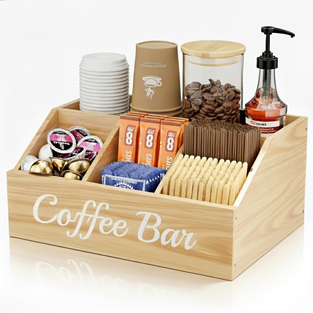 Coffee Station Organizer for Countertop – Wooden Coffee Bar Organizer with Adjustable Dividers,Holds K Cup Pod & syrup bottles, for Kitchen, Office, or Bar and Tea Station, Black