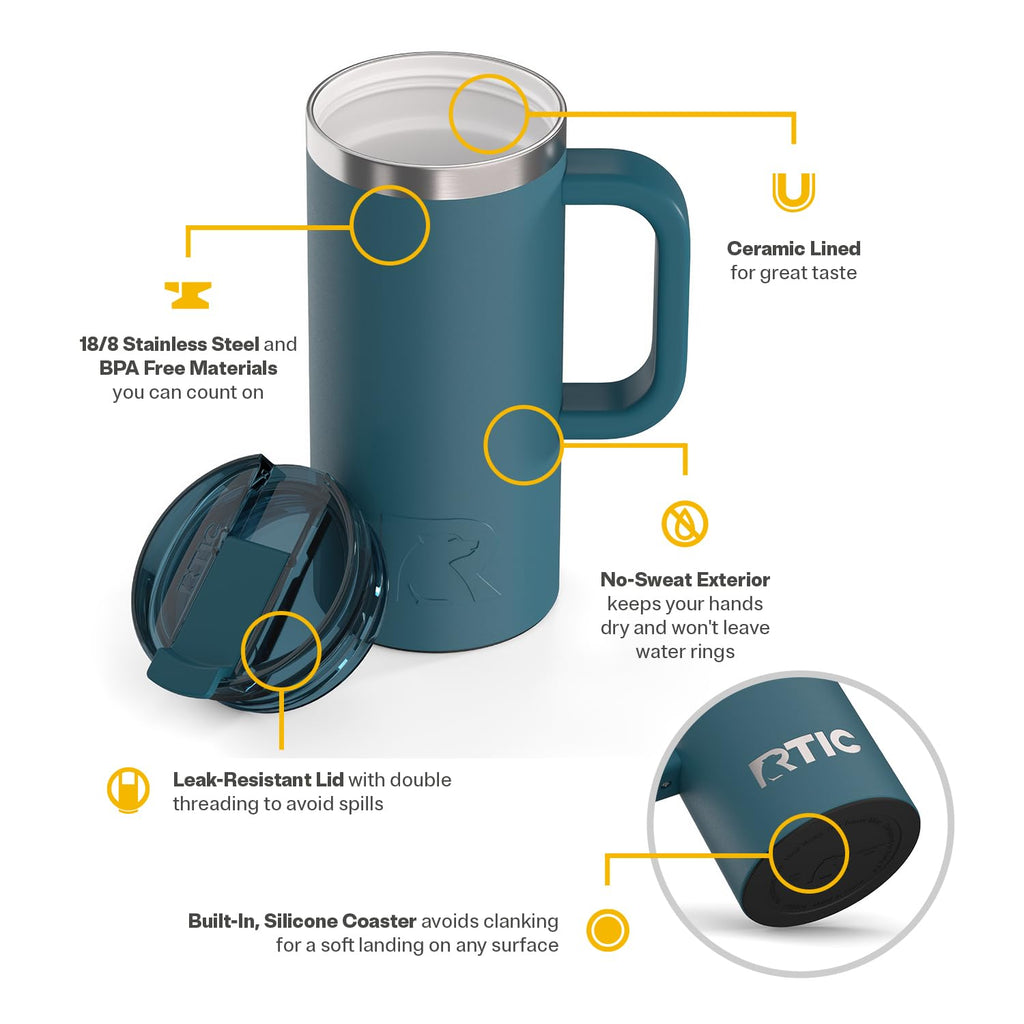 RTIC 20oz Road Trip Travel Mug with Lid and Handle, Ceramic Lined, Insulated, Stainless Steel, Metal, Double Wall Vacuum-Insulation, Portable Coffee, Tea Cup for Hot and Cold Drink, Black