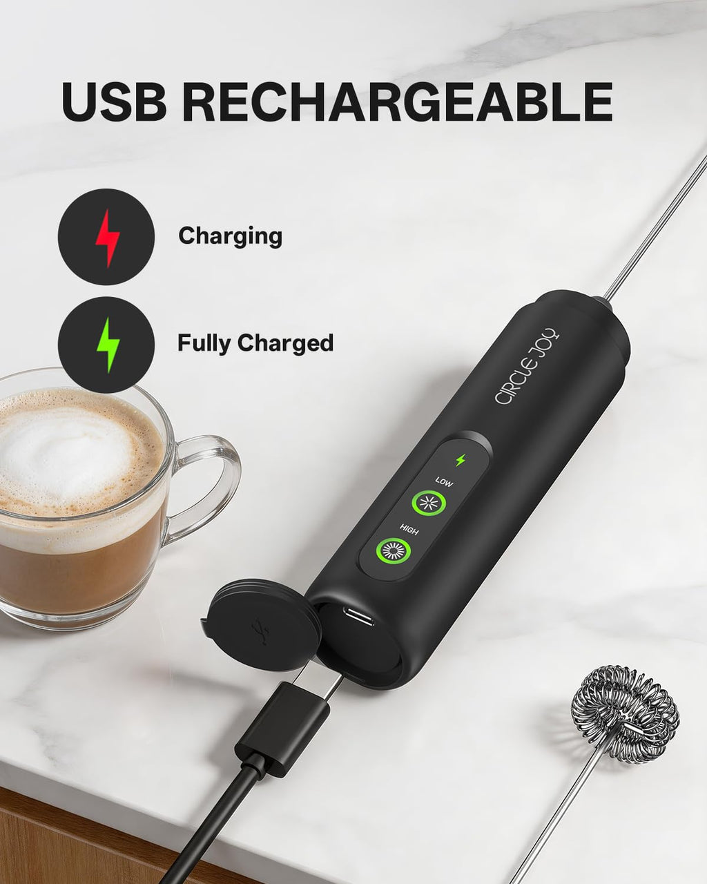 CIRCLE JOY Rechargeable Milk Frother Hanheld, Dual Coil Whisk Head Electric Coffee Frother, Portable Hand Frother Wand Drink Mixer for Matcha Lattes Cappuccino, Kitchen Gifts, Black