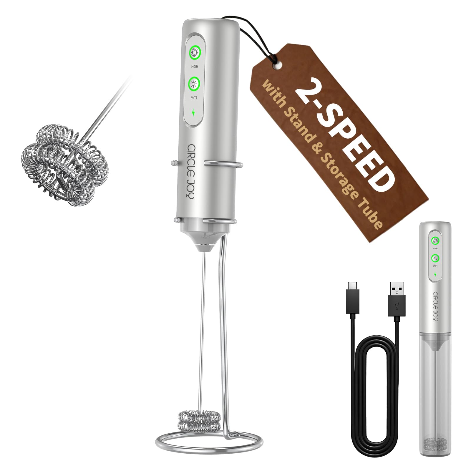 CIRCLE JOY Rechargeable Milk Frother Hanheld, Dual Coil Whisk Head Electric Coffee Frother, Portable Hand Frother Wand Drink Mixer for Matcha Lattes Cappuccino, Kitchen Gifts, Black