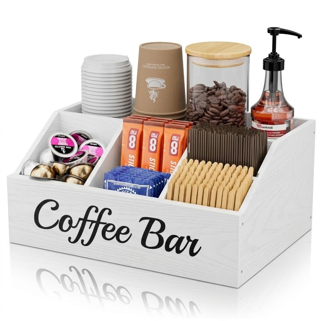 Coffee Station Organizer for Countertop – Wooden Coffee Bar Organizer with Adjustable Dividers,Holds K Cup Pod & syrup bottles, for Kitchen, Office, or Bar and Tea Station, Black