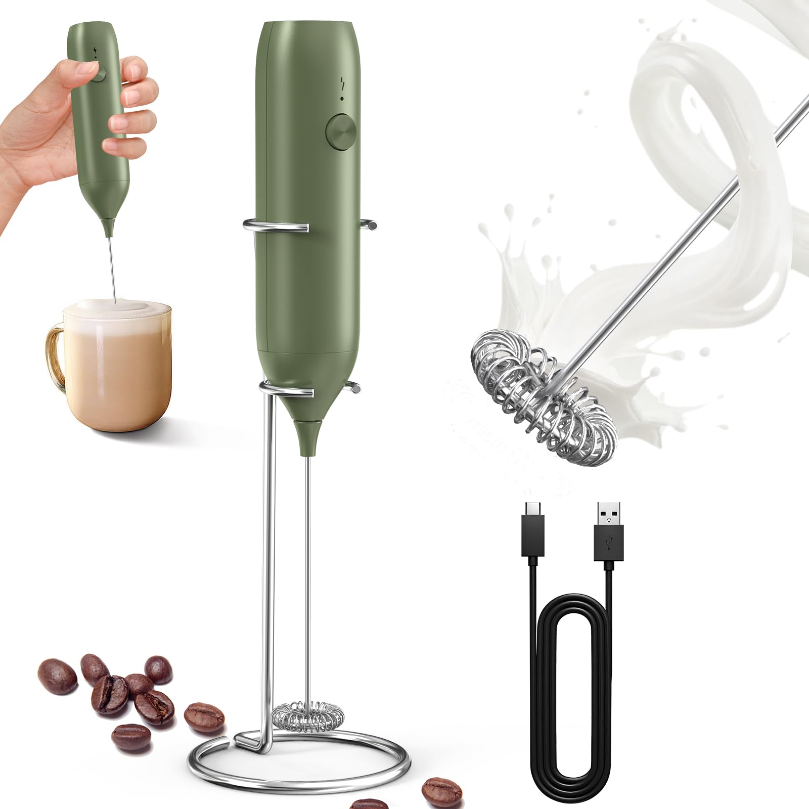 CIRCLE JOY Rechargeable Milk Frother Handheld with Stand, Dual Spring Whisk Head Electric Coffee Frother Foam Maker, Portable Drink Mixer for Cappuccino, Latte, Matcha, Black