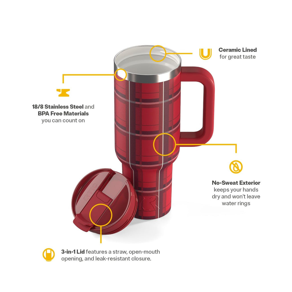RTIC 40 oz Road Trip Tumbler Double-Walled Cermaic Lined Insulated Stainless Steel Portable Travel Coffee Mug Cup with Lid, Handle and Straw, Trailblazer