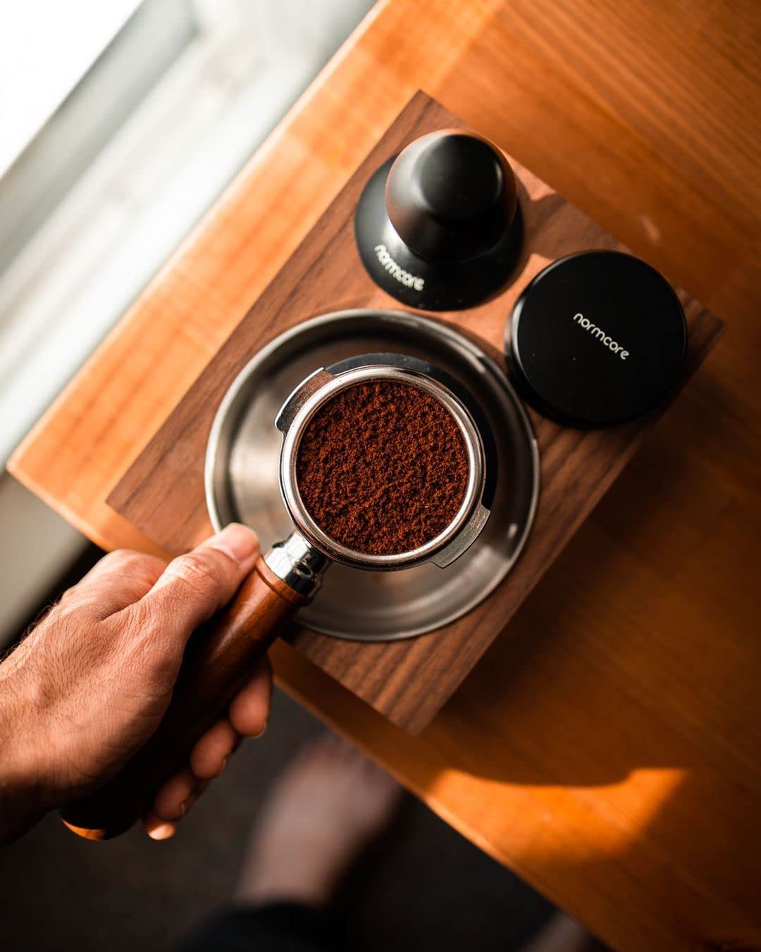 Normcore V4 Coffee Tamper 53.3mm - Spring-Loaded Tamper - Barista Espresso Tamper with 15lb / 25lb / 30lbs Replacement Springs - Anodized Aluminum Handle and Stand - Flat Base, Black