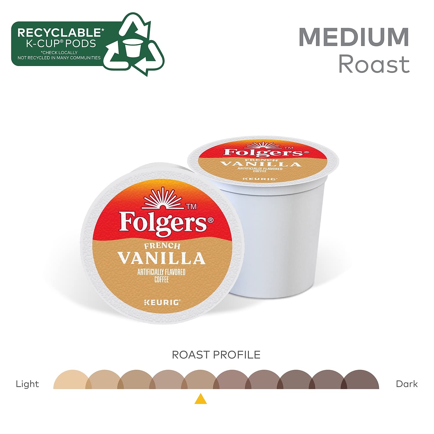 Folgers French Vanilla Artificially Flavored Coffee, Keurig K-Cup pods, 10 Count Box (Pack of 6)