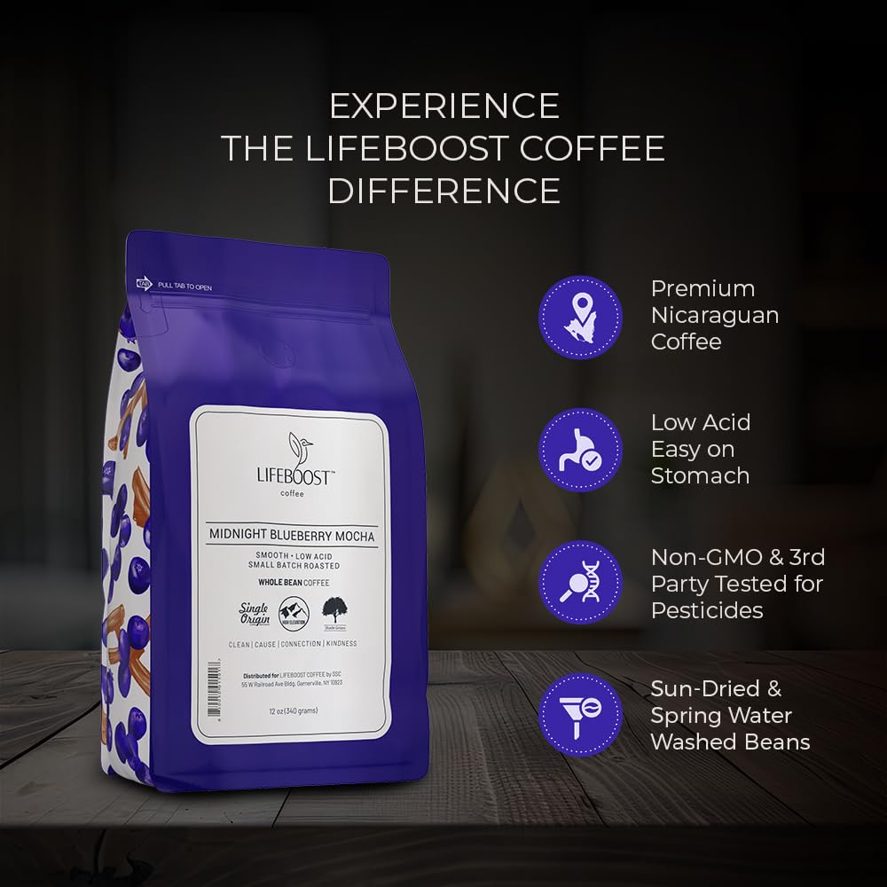 Lifeboost Hazelnut Whole Bean Coffee – Organic, Low Acid, Non-GMO Hazelnut Flavored Coffee – Single Origin, Mold-Free Mycotoxin Tested, 12 oz