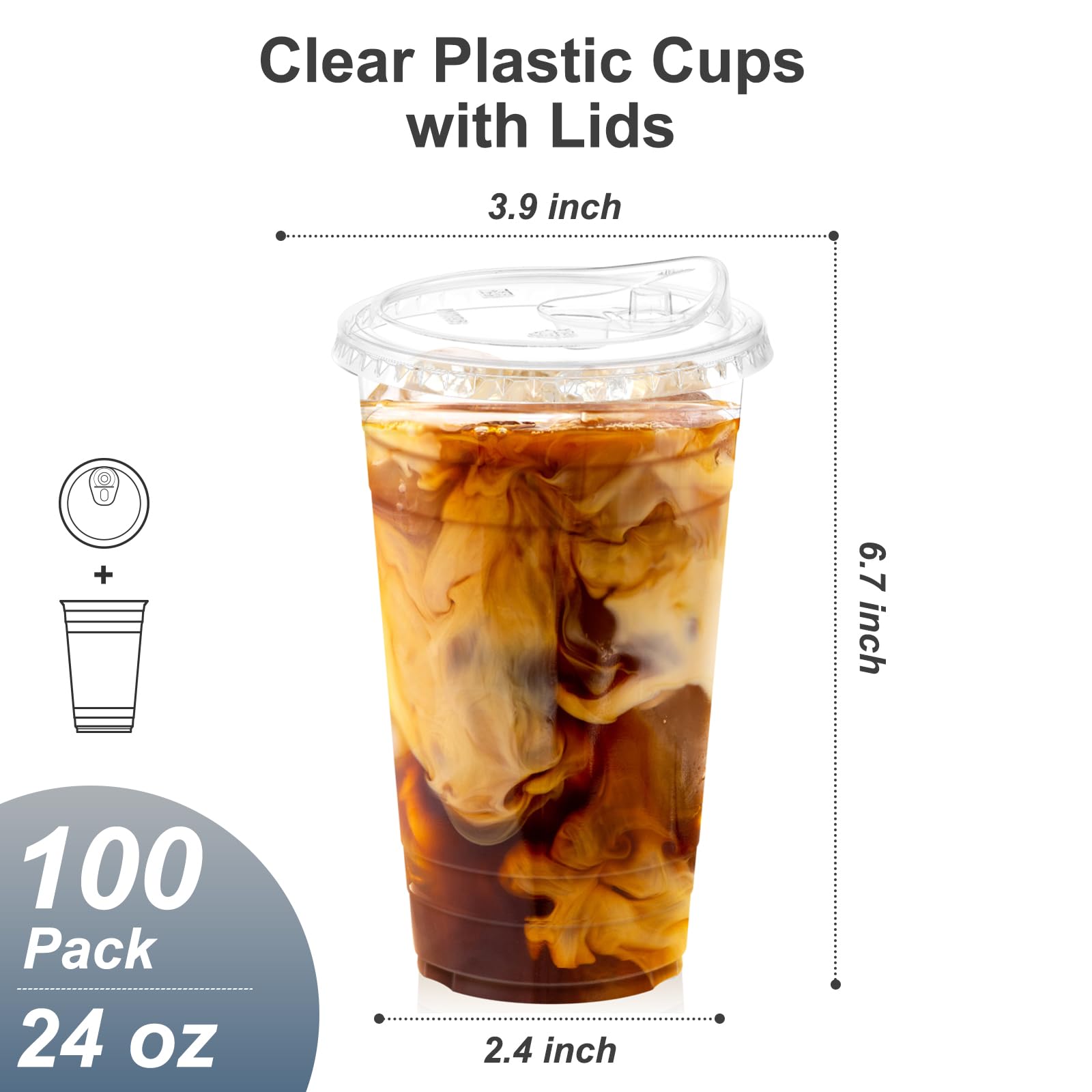 Dealusy 100 Pack - 20 oz Clear Plastic Cups with Lids, Sturdy & Food Safe Iced Coffee Cups with lids, Disposable Plastic Smoothie Cups for Cold Drinks, Sip Lids