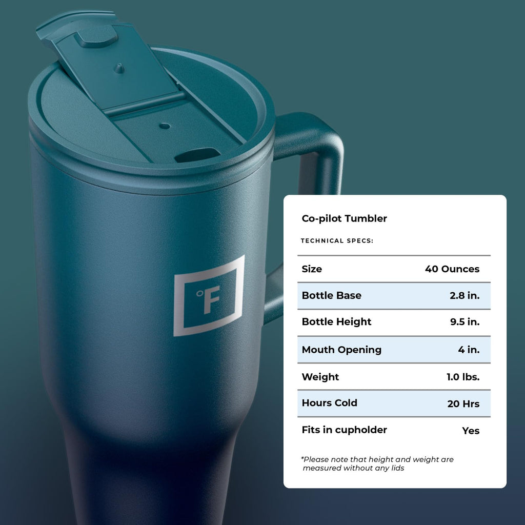 IRON °FLASK Co-Pilot Insulated Mug w/Straw & Flip Cap Lids - Cup Holder Bottle for Hot, Cold Drink - Leak-Proof - Water, Coffee Portable Travel Mug - Aurora, 40 Oz