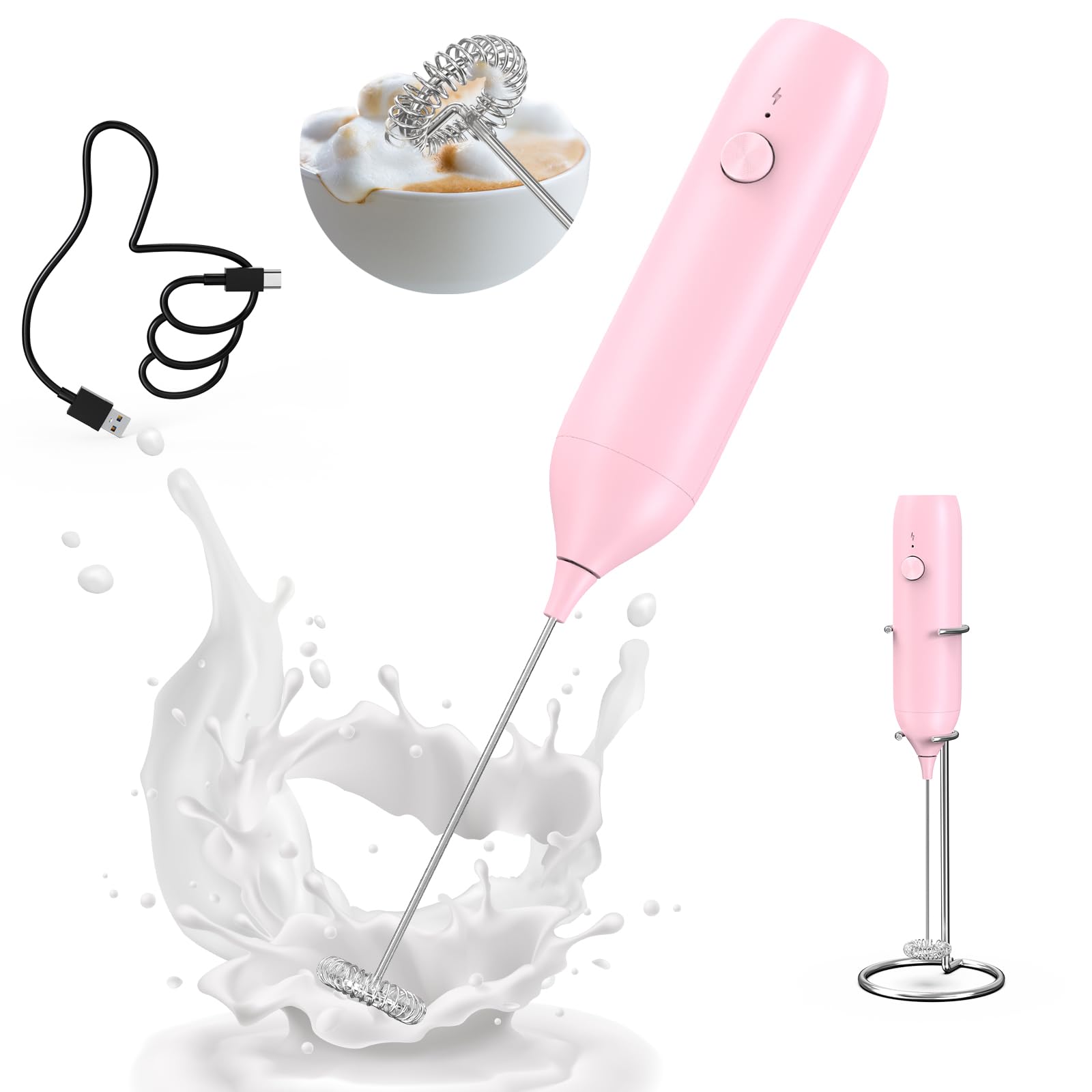 CIRCLE JOY Rechargeable Milk Frother Hanheld, Dual Coil Whisk Head Electric Coffee Frother, Portable Hand Frother Wand Drink Mixer for Matcha Lattes Cappuccino, Kitchen Gifts, Black