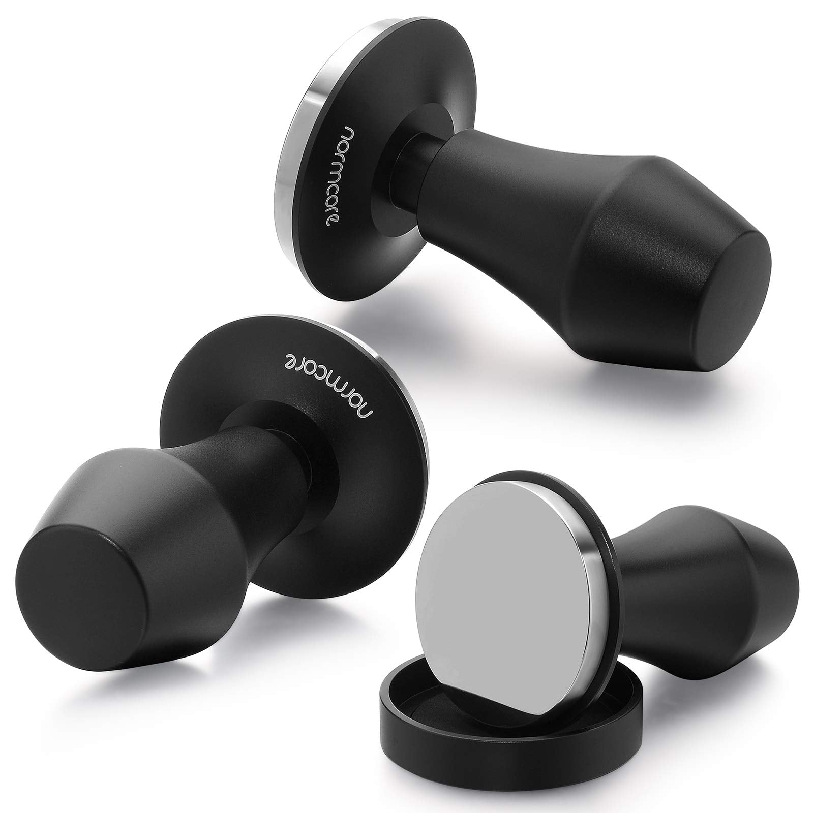 Normcore V4 Coffee Tamper 53.3mm - Spring-Loaded Tamper - Barista Espresso Tamper with 15lb / 25lb / 30lbs Replacement Springs - Anodized Aluminum Handle and Stand - Flat Base, Black
