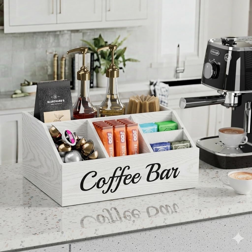 Coffee Station Organizer for Countertop – Wooden Coffee Bar Organizer with Adjustable Dividers,Holds K Cup Pod & syrup bottles, for Kitchen, Office, or Bar and Tea Station, Black