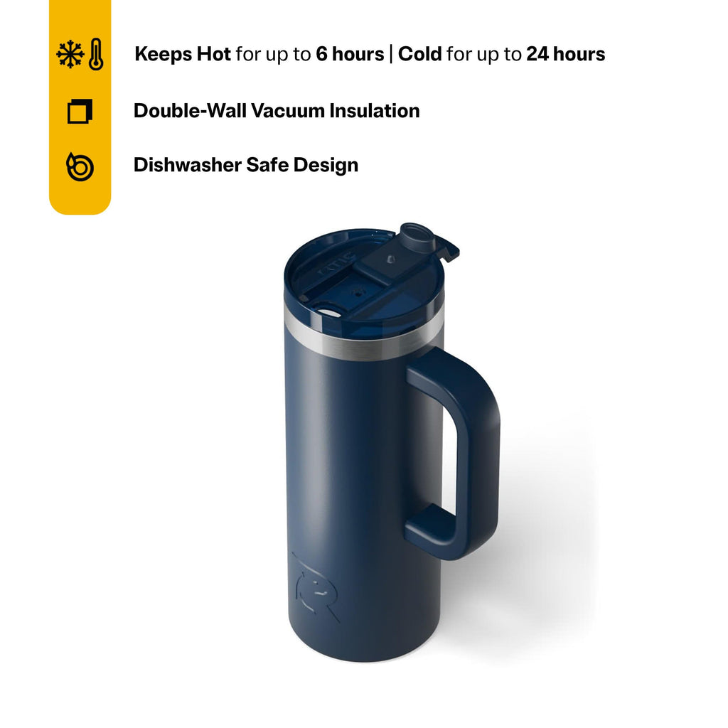 RTIC 20oz Road Trip Travel Mug with Lid and Handle, Ceramic Lined, Insulated, Stainless Steel, Metal, Double Wall Vacuum-Insulation, Portable Coffee, Tea Cup for Hot and Cold Drink, Black