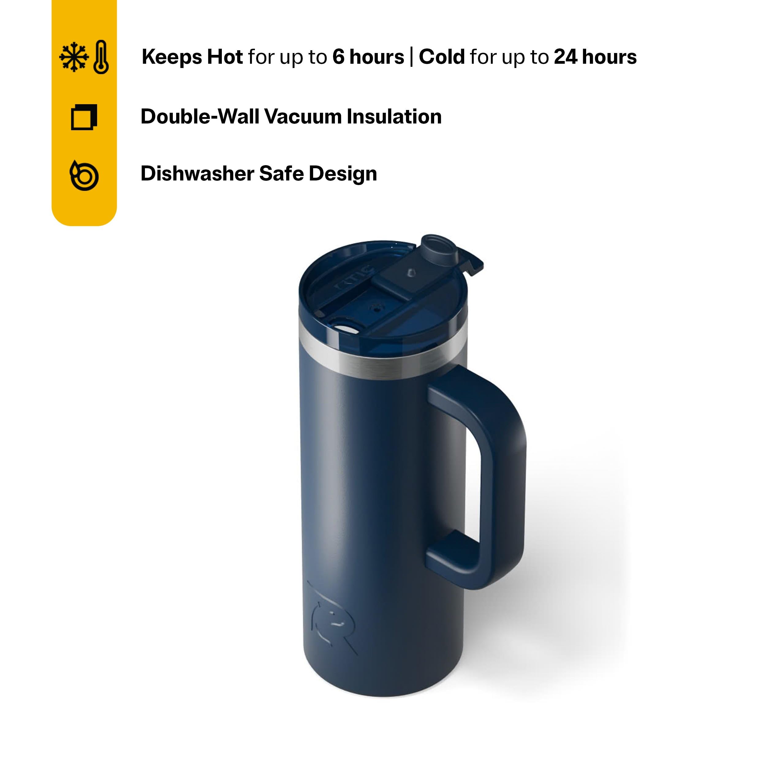 RTIC 20oz Road Trip Travel Mug with Lid and Handle, Ceramic Lined, Insulated, Stainless Steel, Metal, Double Wall Vacuum-Insulation, Portable Coffee, Tea Cup for Hot and Cold Drink, Black