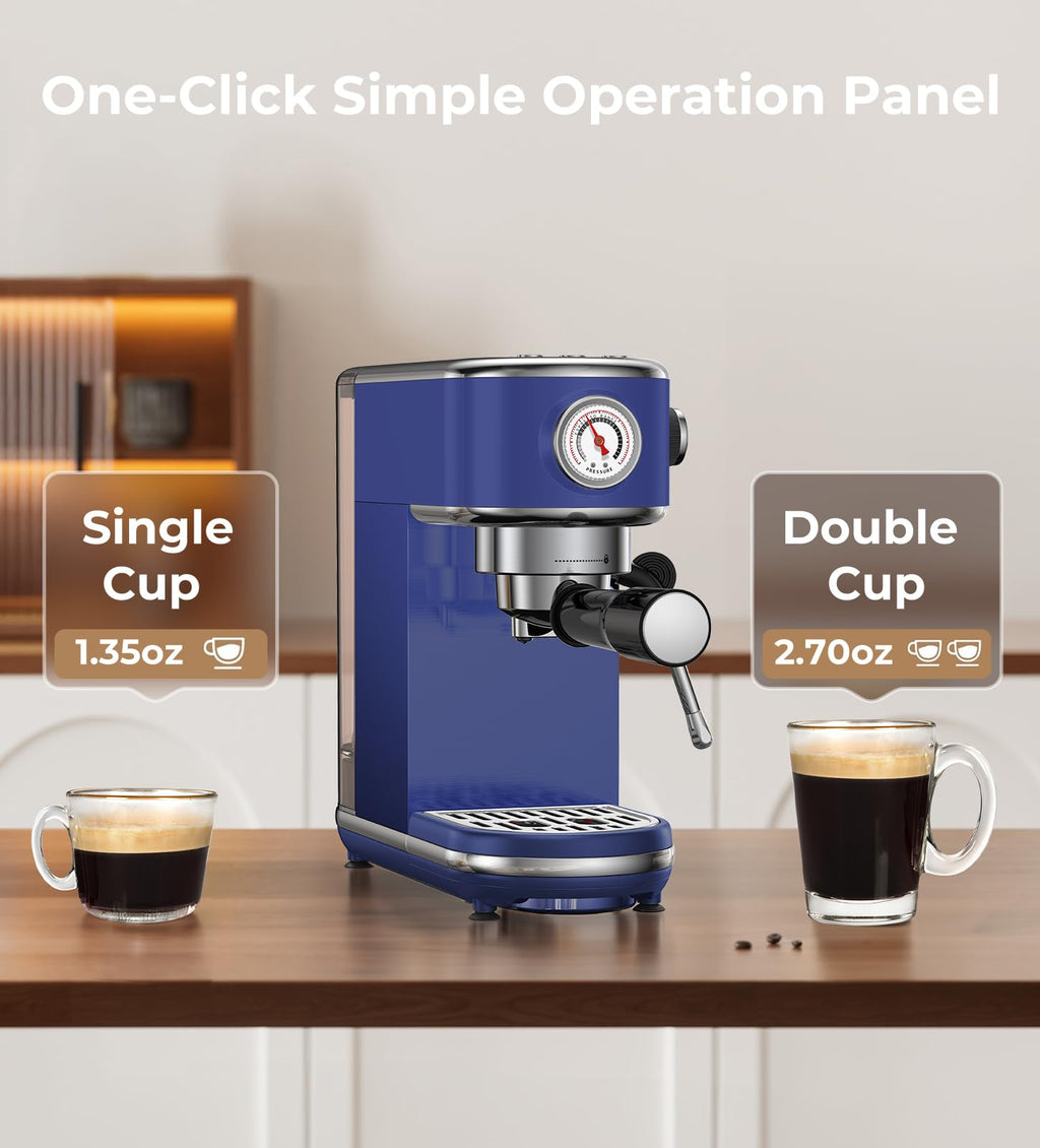 atatix Espresso Machine with Milk Frother, 20 Bar Pressure Espresso Maker, with 44OZ Removable Tank, Compact Stainless Steel Coffee Machine for Home, Office, Latte, Cappuccino, Macchiato, Silver