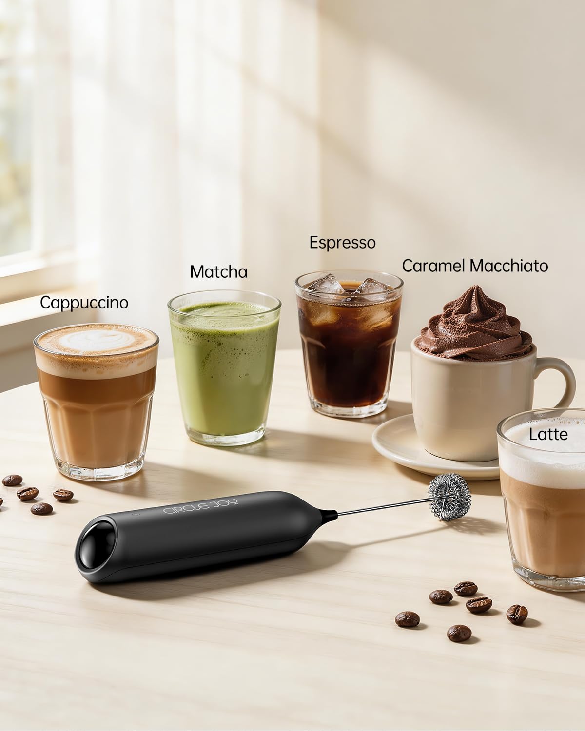 CIRCLE JOY Rechargeable Milk Frother Hanheld, Dual Coil Whisk Head Electric Coffee Frother, Portable Hand Frother Wand Drink Mixer for Matcha Lattes Cappuccino, Kitchen Gifts, Black