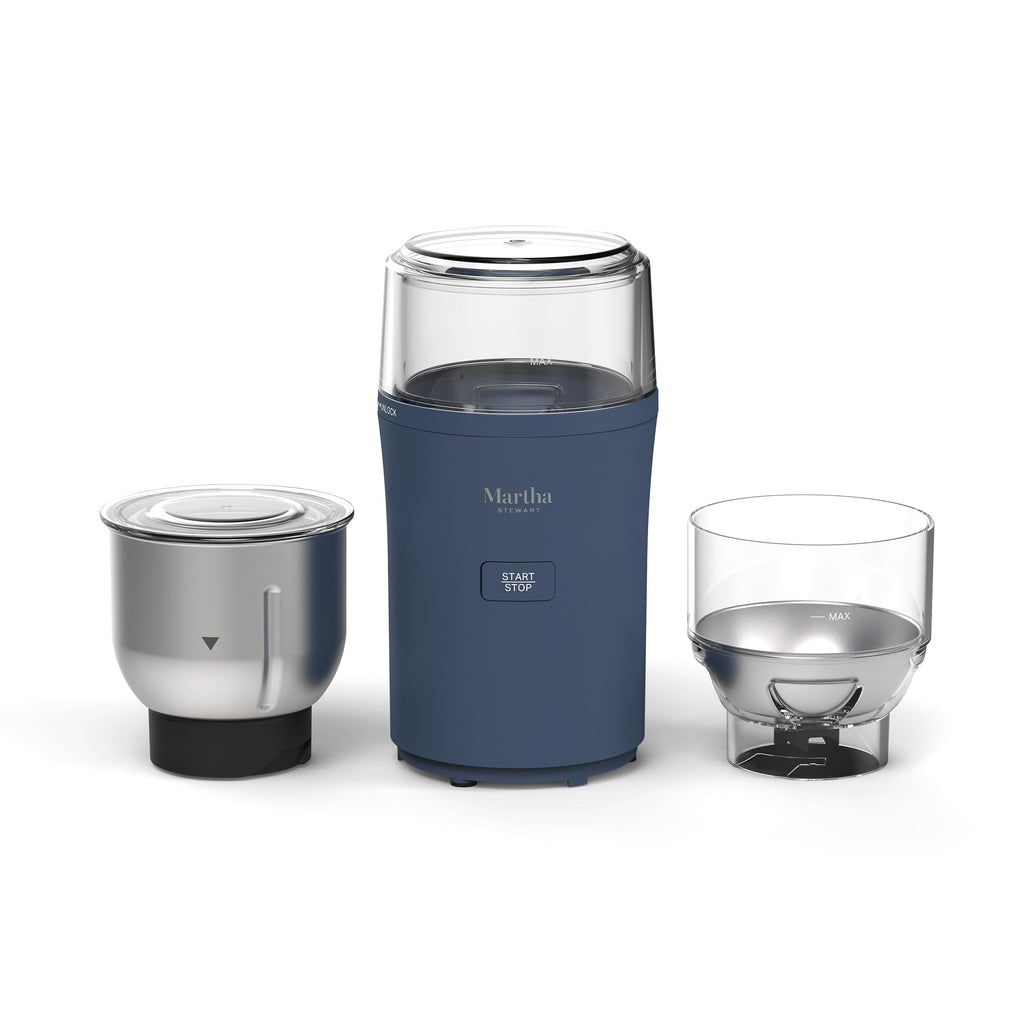 Martha Stewart Electric Coffee & Spice Grinder, Dual 2.5oz Removable Bowls, Storage Lids, Stainless Steel Blades, One Touch Pulse Control, 2-in-1 Compact, Beans & Spices, Herbs & Nuts, Honeydew Green