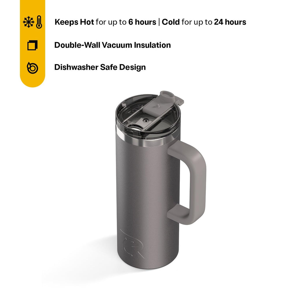 RTIC 20oz Road Trip Travel Mug with Lid and Handle, Ceramic Lined, Insulated, Stainless Steel, Metal, Double Wall Vacuum-Insulation, Portable Coffee, Tea Cup for Hot and Cold Drink, Black