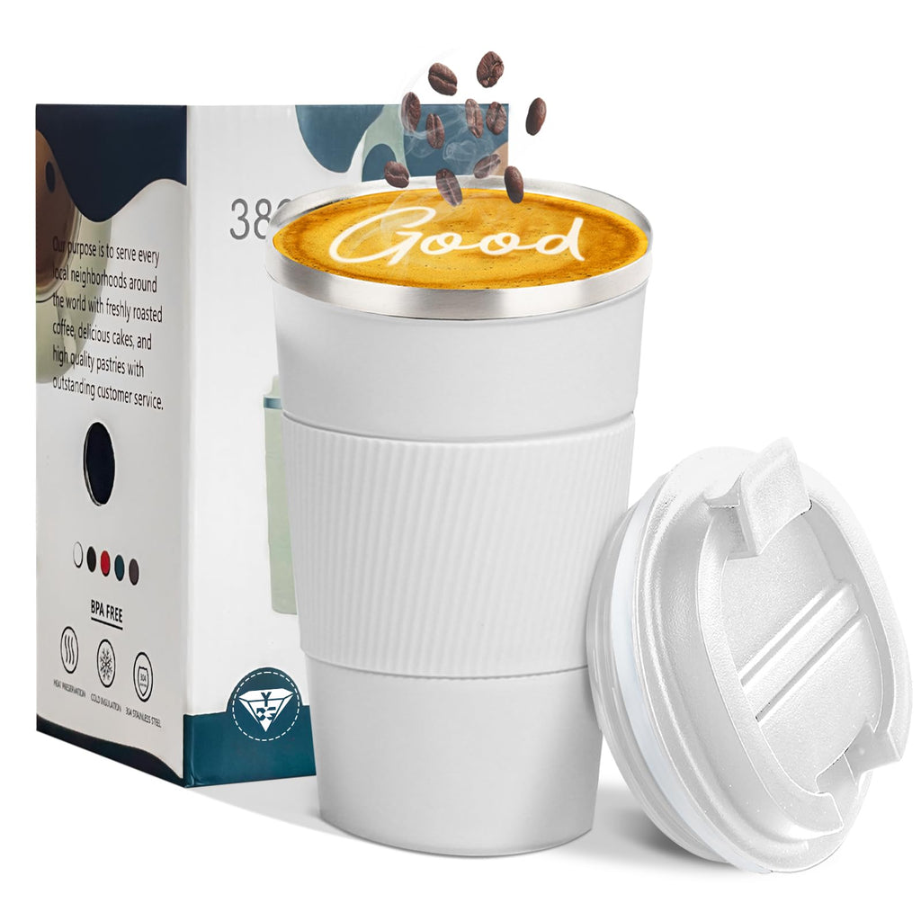 YINBAOGE Insulated Travel Coffee Mug, Spill & Leak Proof, Portable To Go Camping Stainless Steel Coffee Tumbler, Reusable Thermal Coffee Cup with Lid for Hot & Cold Drinks (Black, 12 OZ)