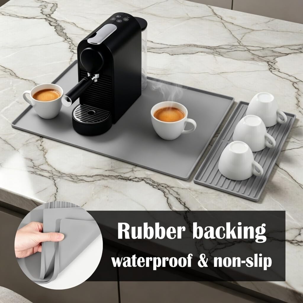 Silicone Coffee Bar Mat 24 x 16 in with Drying Tray, Classic Black | 24 x 16 in food-grade silicone mat for home/coffee bar; removable tray, raised rim, smooth base adds grip, heat insulation