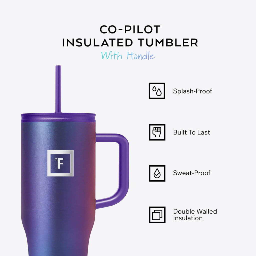 IRON °FLASK Co-Pilot Insulated Mug w/Straw & Flip Cap Lids - Cup Holder Bottle for Hot, Cold Drink - Leak-Proof - Water, Coffee Portable Travel Mug - Aurora, 40 Oz