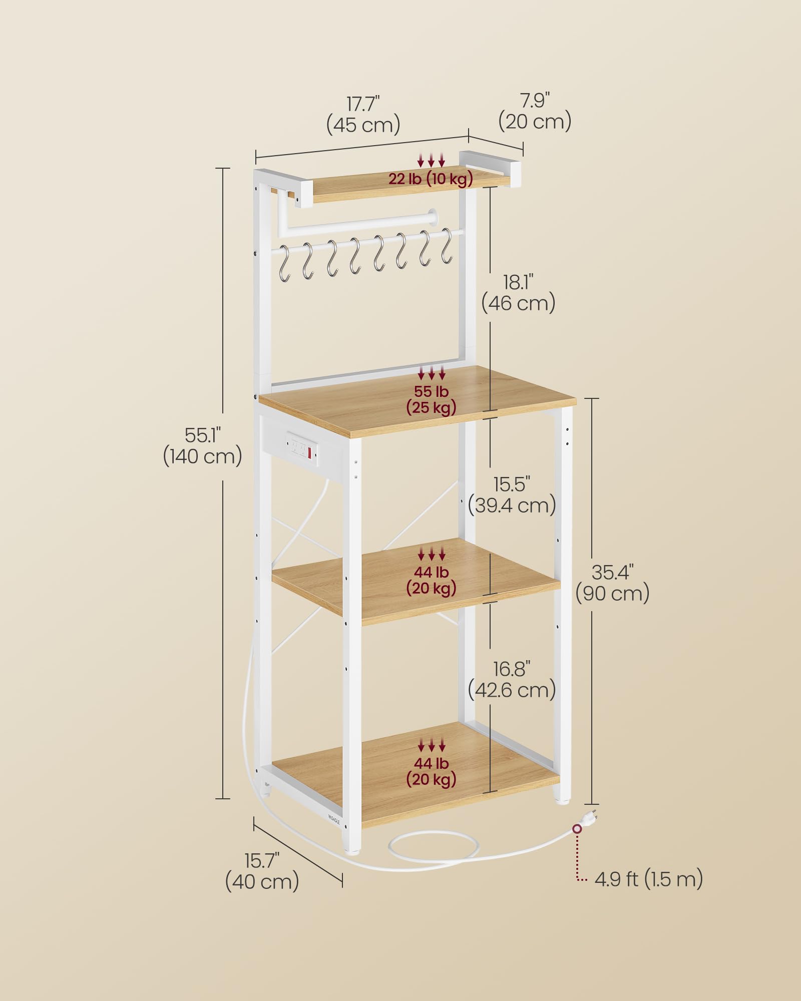 VASAGLE BARNET Collection - Kitchen Bakers Rack with Power Outlet, 31.5-Inch Wide Coffee Bar 4-Tier with 8 S Hooks, Modern Microwave Stand, Adjustable Shelf, Rustic Brown and Ink Black UKKS029KD01