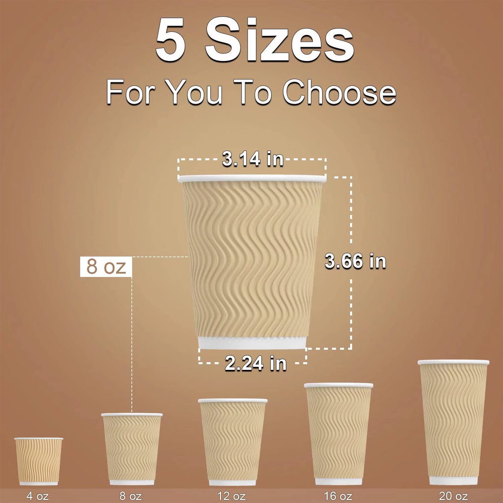 Hot Paper Cups_12 oz Disposable Insulated Corrugated Sleeve Ripple Wall Paper Cup 100 pcs,12oz Cups for Drink，Hot Coffee Cups (Brown)