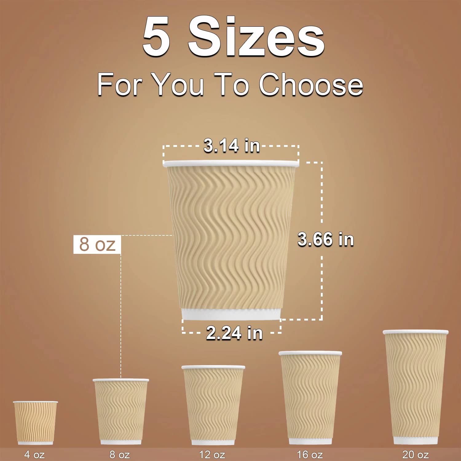 Hot Paper Cups_12 oz Disposable Insulated Corrugated Sleeve Ripple Wall Paper Cup 100 pcs,12oz Cups for Drink，Hot Coffee Cups (Brown)
