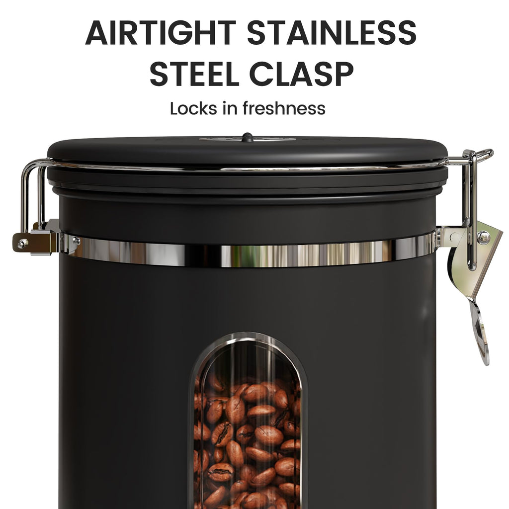 Veken Coffee Canister with Window,Airtight Stainless Steel Pantry Container,Home Kitchen Food Storage Organizers for Ground,Beans,Espresso,Rice,Tea,Sugar,Cereal, Decor,Bar Accessories,Gifts,22OZ,Black
