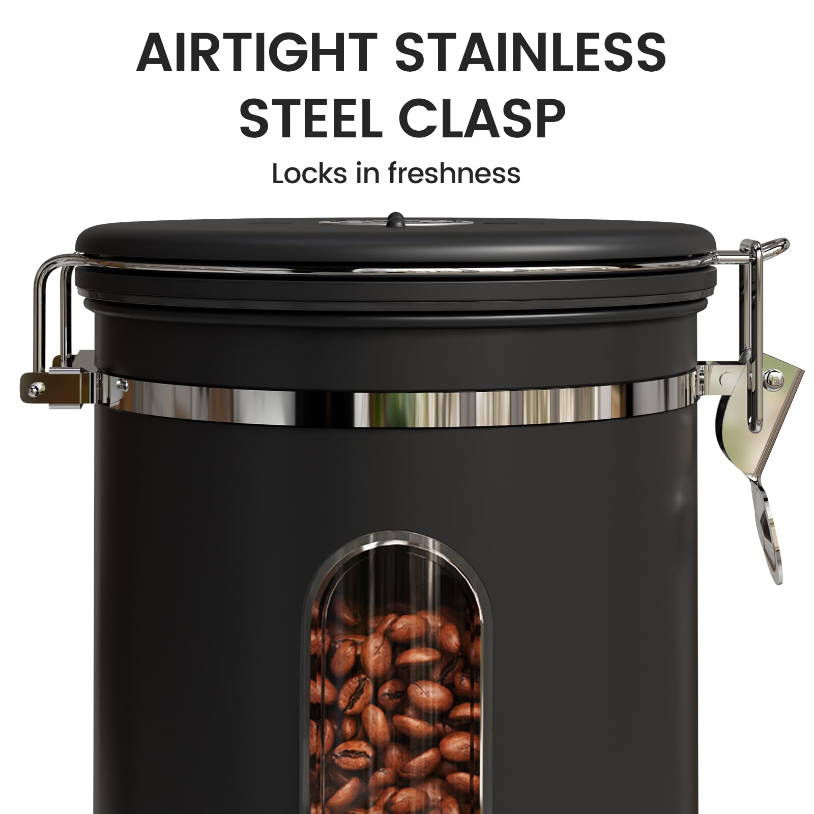 Veken Coffee Canister with Window,Airtight Stainless Steel Pantry Container,Home Kitchen Food Storage Organizers for Ground,Beans,Espresso,Rice,Tea,Sugar,Cereal, Decor,Bar Accessories,Gifts,22OZ,Black