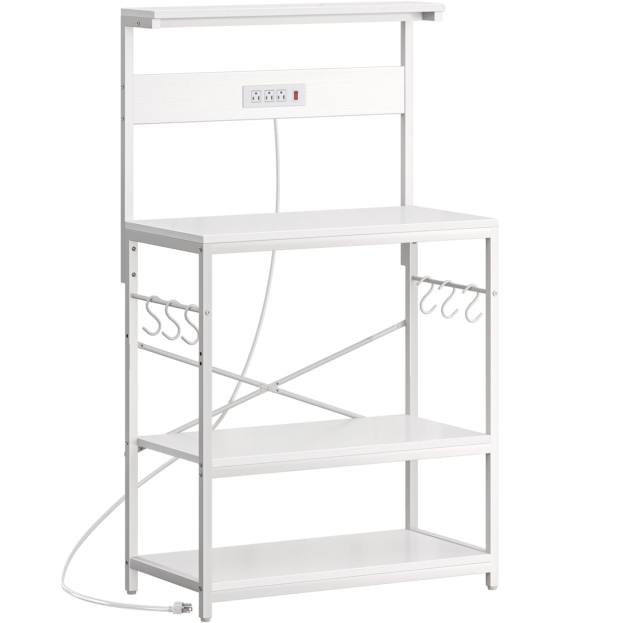 SUPERJARE Kitchen Bakers Rack with Power Outlet, Coffee Bar Table 4 Tiers, Kitchen Microwave Stand with 6 S-shaped Hooks, Storage Shelf Rack for Spices, Pots and Pans - Rustic Brown