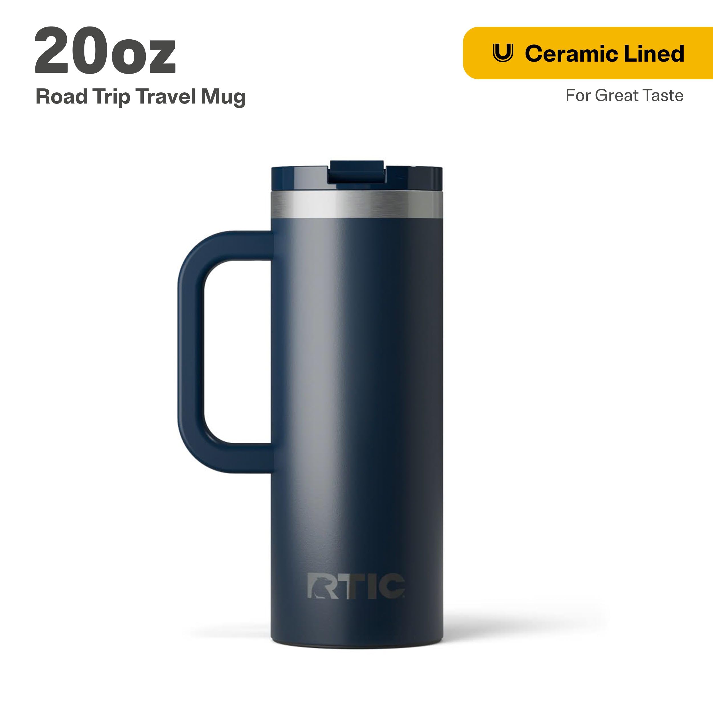 RTIC 20oz Road Trip Travel Mug with Lid and Handle, Ceramic Lined, Insulated, Stainless Steel, Metal, Double Wall Vacuum-Insulation, Portable Coffee, Tea Cup for Hot and Cold Drink, Black