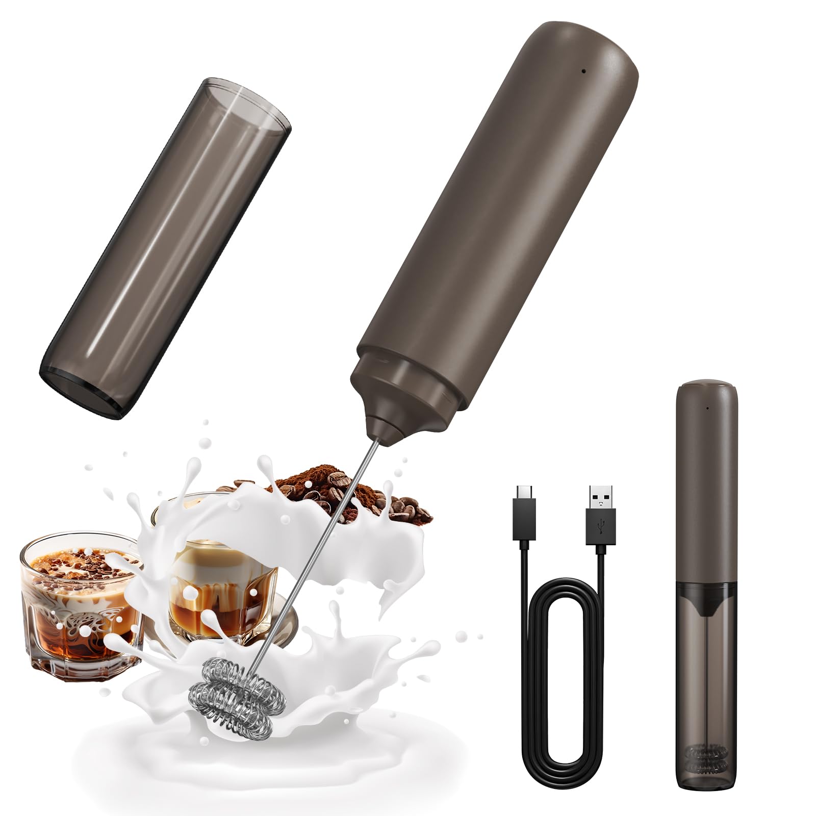 CIRCLE JOY Rechargeable Milk Frother Hanheld, Dual Coil Whisk Head Electric Coffee Frother, Portable Hand Frother Wand Drink Mixer for Matcha Lattes Cappuccino, Kitchen Gifts, Black