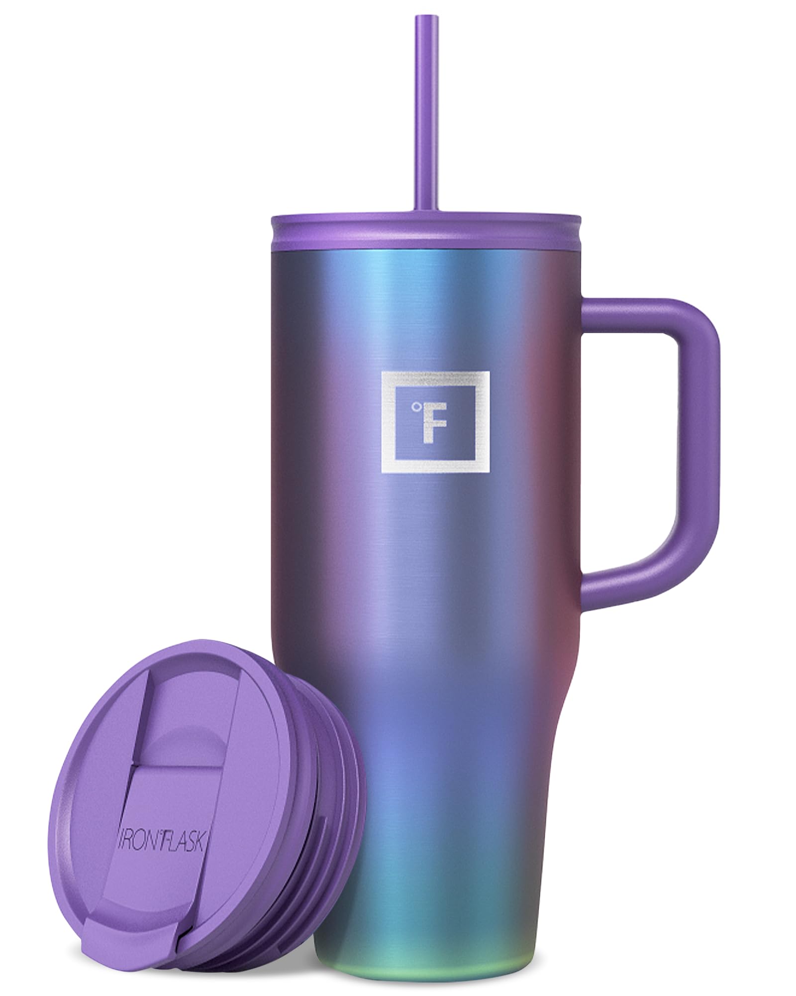 IRON °FLASK Co-Pilot Insulated Mug w/Straw & Flip Cap Lids - Cup Holder Bottle for Hot, Cold Drink - Leak-Proof - Water, Coffee Portable Travel Mug - Aurora, 40 Oz
