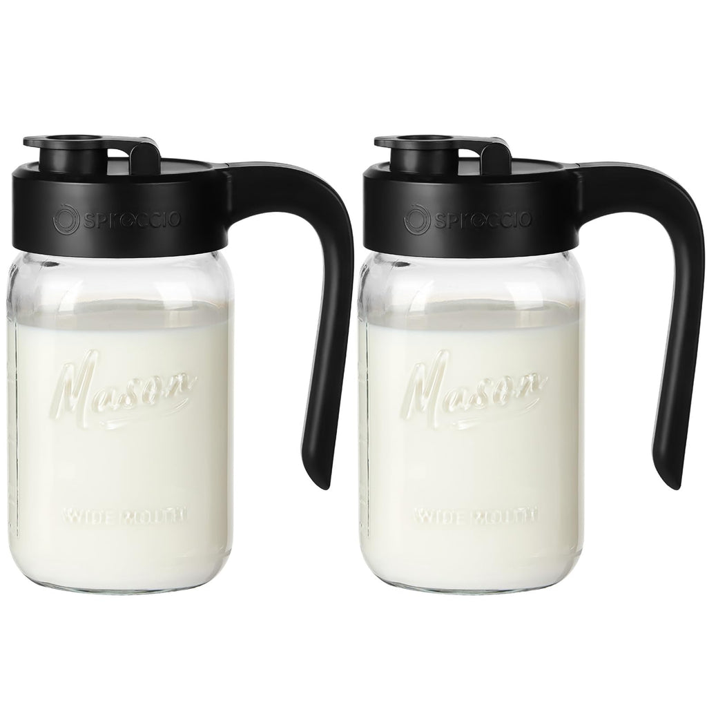 Mason Jar Pitcher - Airtight & Leakproof Glass Pitcher with Lid, Perfect for Breastmilk, Cold Brew, and Sun Tea, 2 Quart (64 oz) Mason Jar with Pour Spout Lid