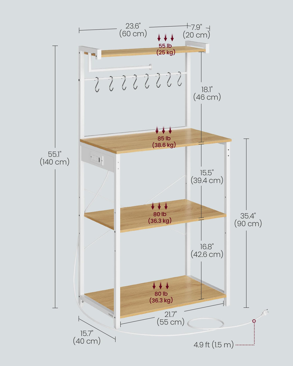 VASAGLE BARNET Collection - Kitchen Bakers Rack with Power Outlet, 31.5-Inch Wide Coffee Bar 4-Tier with 8 S Hooks, Modern Microwave Stand, Adjustable Shelf, Rustic Brown and Ink Black UKKS029KD01