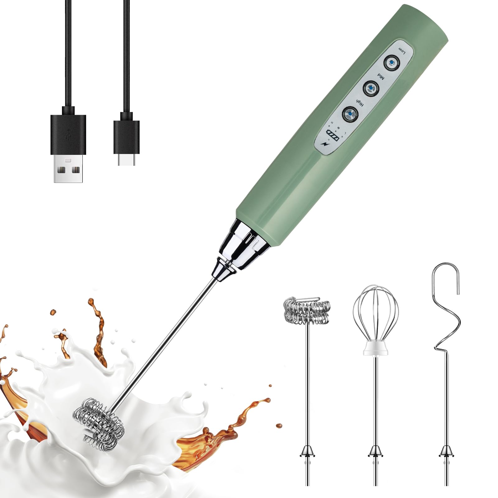 YUSWKO Black Handheld Milk Frother Wand for Coffee, Rechargeable Electric Whisk with 3 Heads 3 Speeds Drink Mixer Coffee Frother For Latte, Cappuccino, Hot Chocolate, Egg