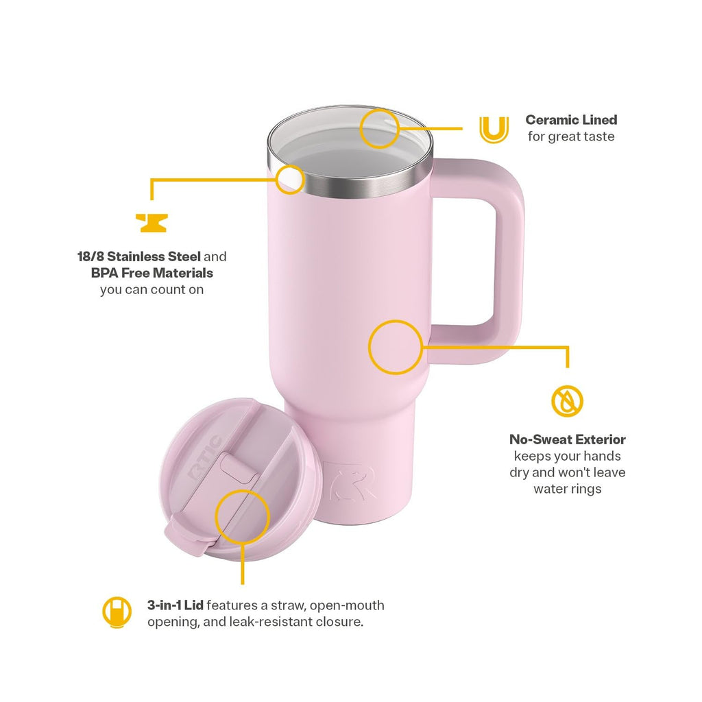 RTIC 40 oz Road Trip Tumbler Double-Walled Cermaic Lined Insulated Stainless Steel Portable Travel Coffee Mug Cup with Lid, Handle and Straw, Trailblazer