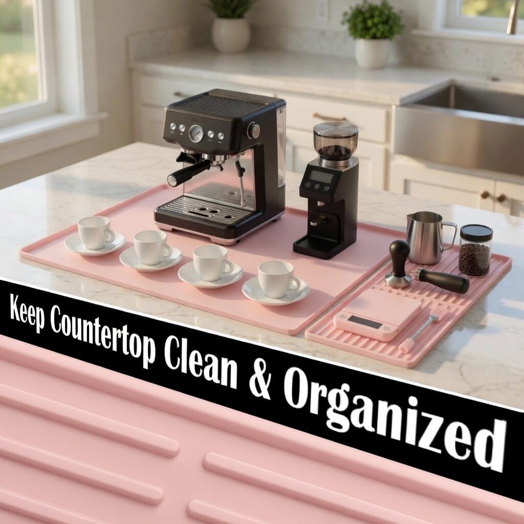 Silicone Coffee Bar Mat 24 x 16 in with Drying Tray, Classic Black | 24 x 16 in food-grade silicone mat for home/coffee bar; removable tray, raised rim, smooth base adds grip, heat insulation
