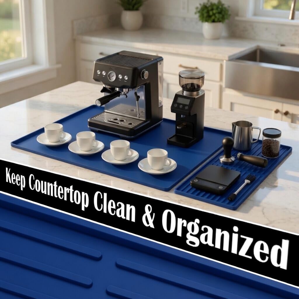 Silicone Coffee Bar Mat 24 x 16 in with Drying Tray, Classic Black | 24 x 16 in food-grade silicone mat for home/coffee bar; removable tray, raised rim, smooth base adds grip, heat insulation