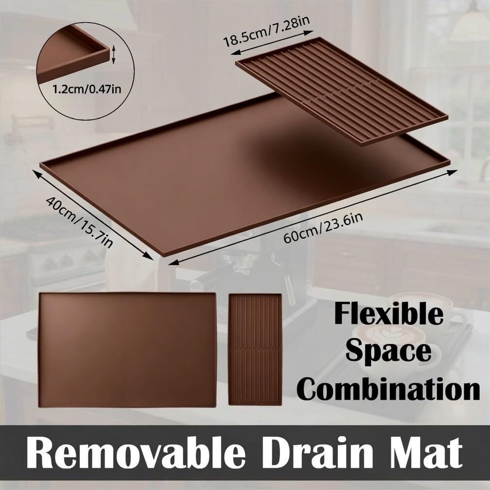 Silicone Coffee Bar Mat 24 x 16 in with Drying Tray, Classic Black | 24 x 16 in food-grade silicone mat for home/coffee bar; removable tray, raised rim, smooth base adds grip, heat insulation