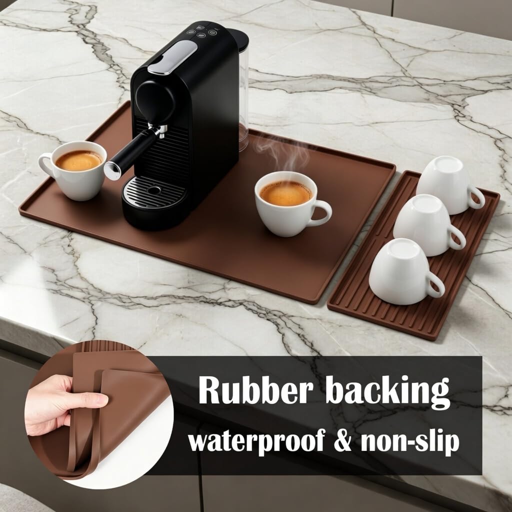 Silicone Coffee Bar Mat 24 x 16 in with Drying Tray, Classic Black | 24 x 16 in food-grade silicone mat for home/coffee bar; removable tray, raised rim, smooth base adds grip, heat insulation