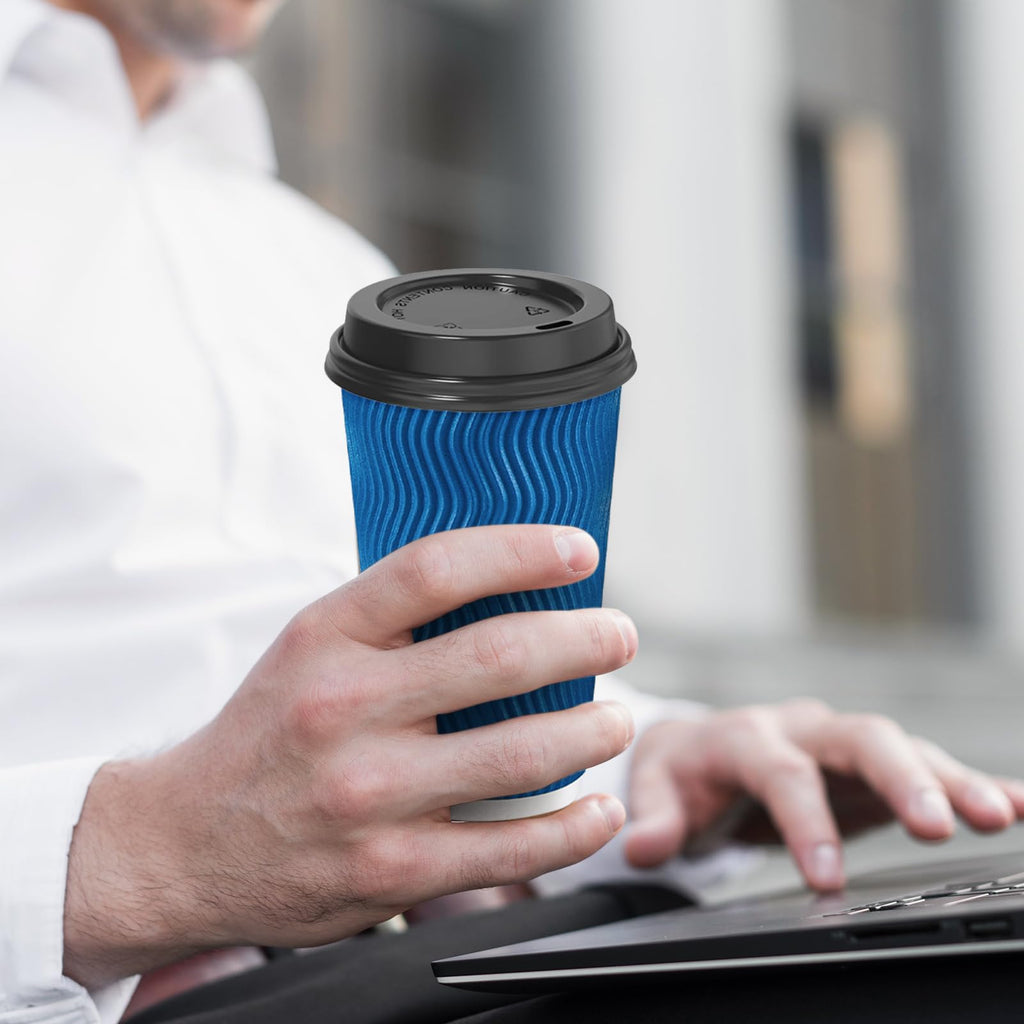 SIUQ 12 oz Coffee Cups-90 Pack Disposable Coffee Cups with Lids and Straws, Insulated Ripple Wall To Go Paper Coffee Cup for Coffee, Hot Chocolate and Hot Tea Drinks - Champagne