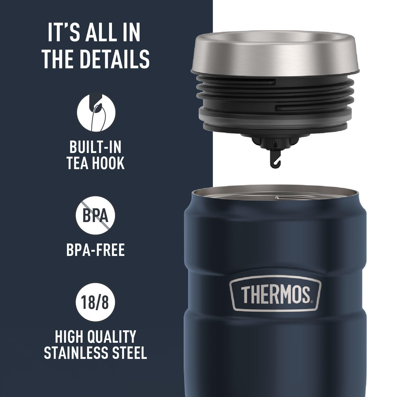 THERMOS Stainless King Vacuum-Insulated Travel Mug with Handle - 16oz, Midnight Blue - Thermos Tumbler for Hot & Cold Drinks - Leak & Sweat-Proof Stainless Steel Coffee Mug with Lid for Commuting