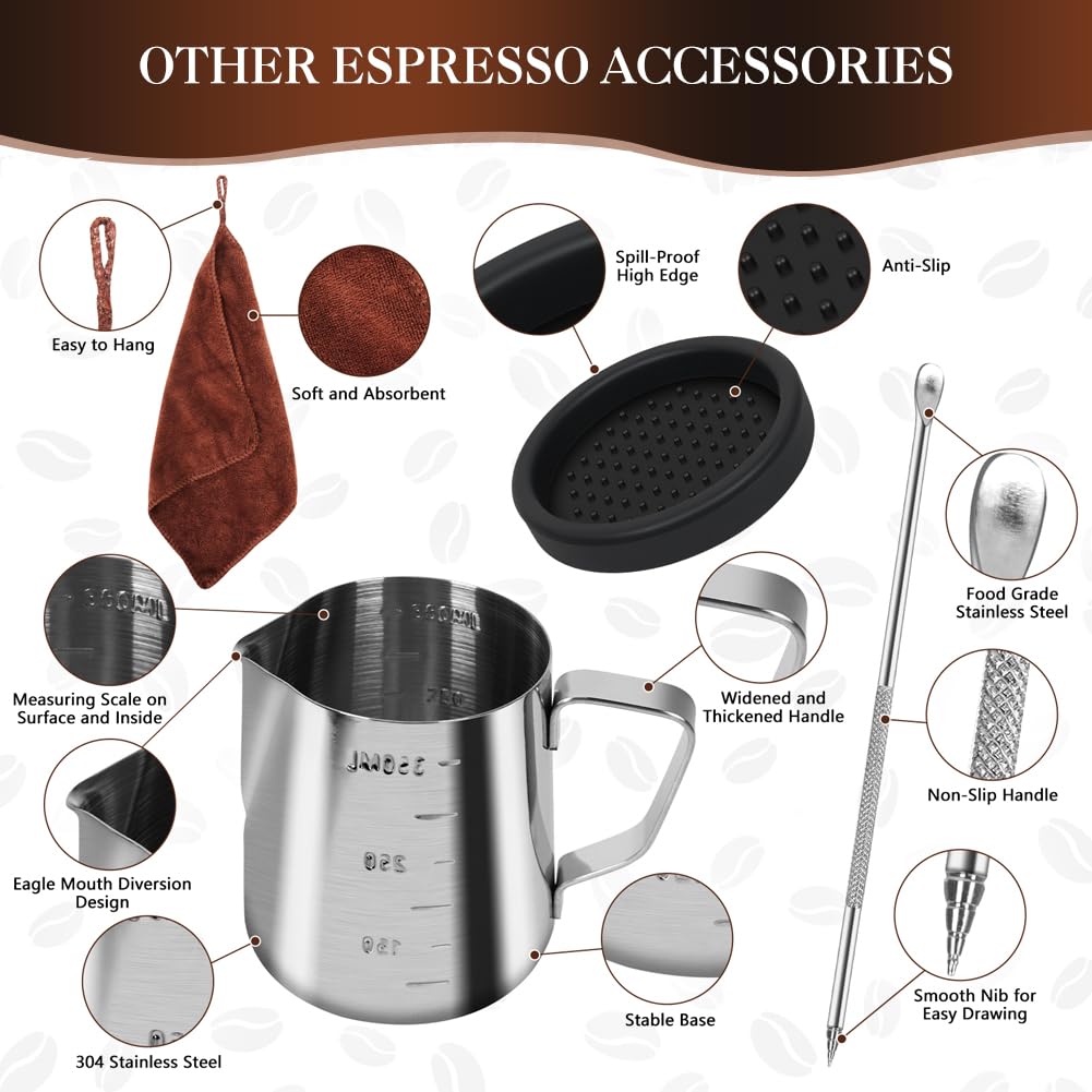 Y-Step 23 PCS Coffee Tamper Set, Espresso Accessories Kit Barista Kit, with Espresso Tamper 51mm, Coffee Stirrer, Frothing Pitcher, Tamper Mat, Latte Art Pen, Sandalwood Tamper for Espresso Machine