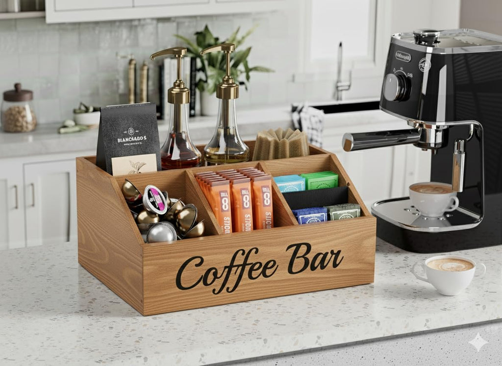 Coffee Station Organizer for Countertop – Wooden Coffee Bar Organizer with Adjustable Dividers,Holds K Cup Pod & syrup bottles, for Kitchen, Office, or Bar and Tea Station, Black