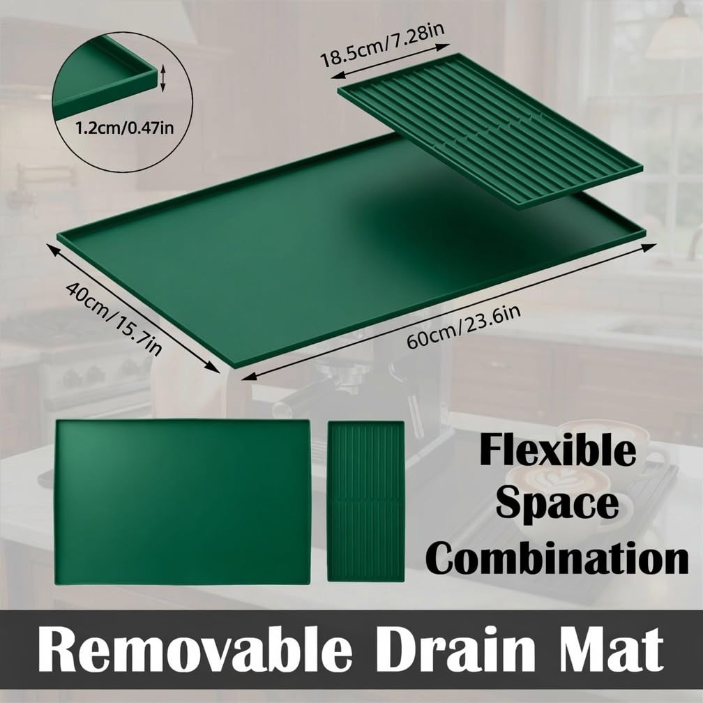 Silicone Coffee Bar Mat 24 x 16 in with Drying Tray, Classic Black | 24 x 16 in food-grade silicone mat for home/coffee bar; removable tray, raised rim, smooth base adds grip, heat insulation