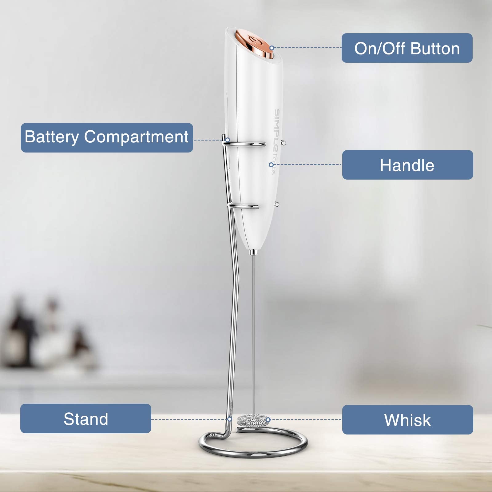 SIMPLETASTE Milk Frother Handheld Electric Foam Maker, Drink Mixer with Stainless Steel Whisk for Cappuccino, Bulletproof Coffee, Latte, Gray, with Stand, Battery Operated