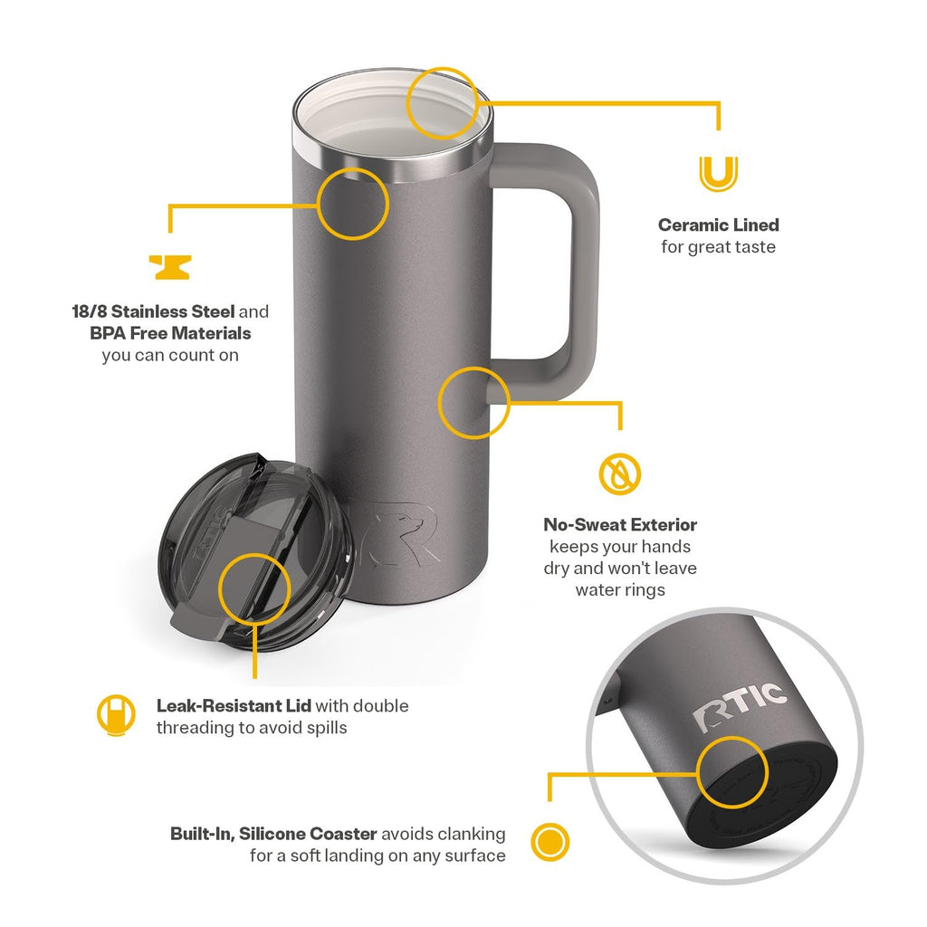 RTIC 20oz Road Trip Travel Mug with Lid and Handle, Ceramic Lined, Insulated, Stainless Steel, Metal, Double Wall Vacuum-Insulation, Portable Coffee, Tea Cup for Hot and Cold Drink, Black