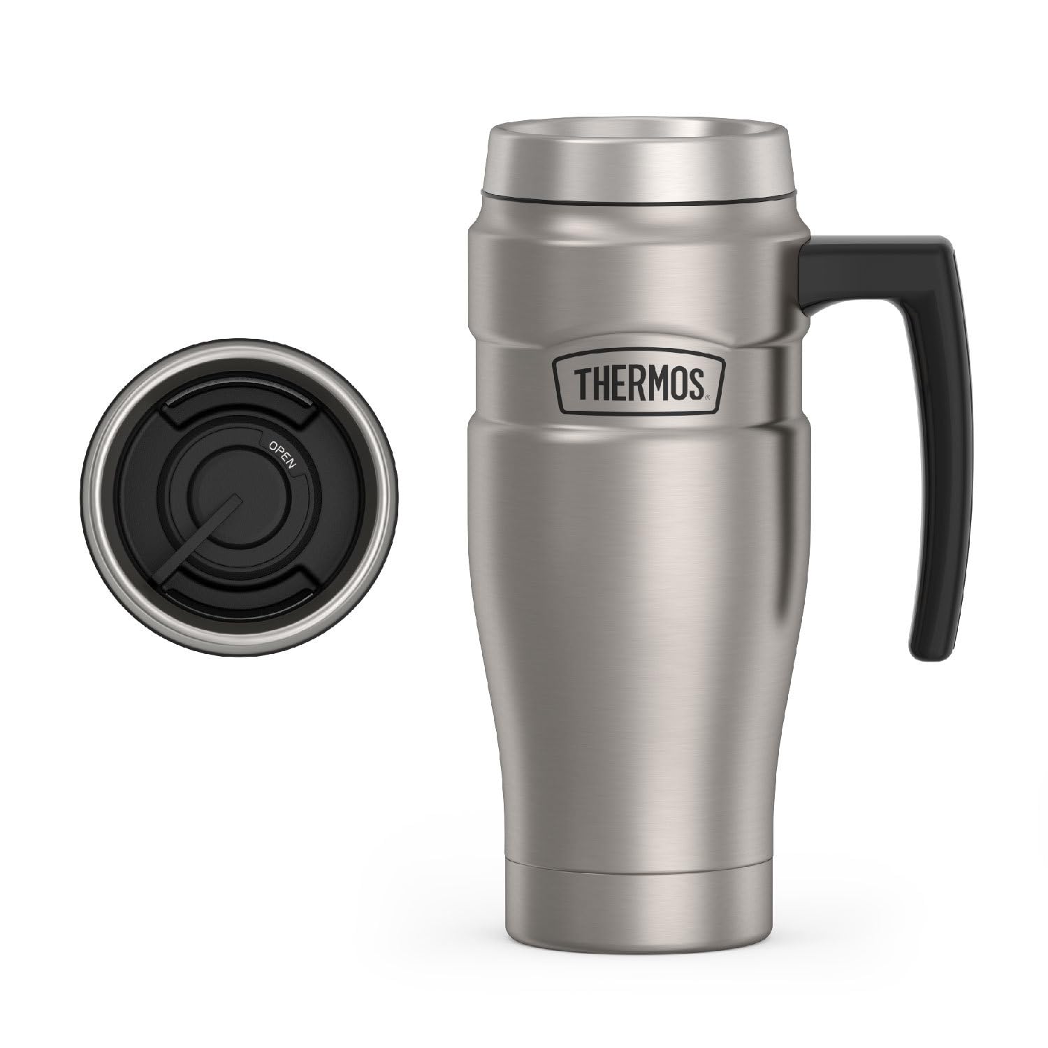 THERMOS Stainless King Vacuum-Insulated Travel Mug with Handle - 16oz, Midnight Blue - Thermos Tumbler for Hot & Cold Drinks - Leak & Sweat-Proof Stainless Steel Coffee Mug with Lid for Commuting